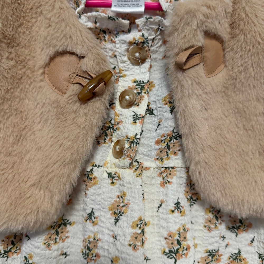Girls Daisy Fuentes Casual Dress 18 Months White Floral with Brown Vest Bloomers - Picture 11 of 14